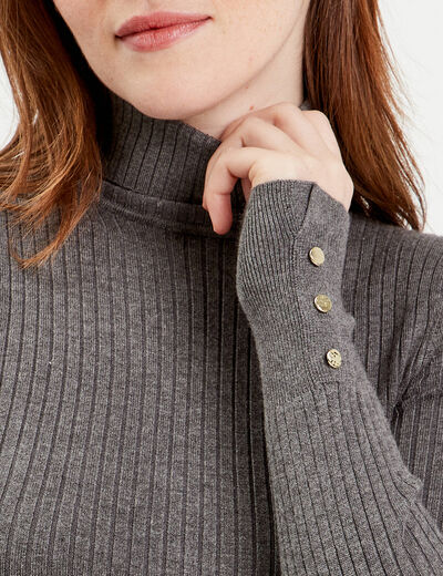 Pull col roulé côtelé gris foncé femme
