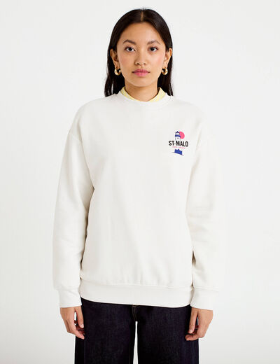 Sweat col rond manches longues ecru femme