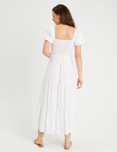 Robe longue évasée smockée blanc femme