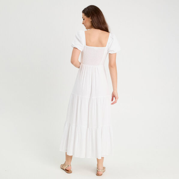 Robe longue évasée smockée blanc femme