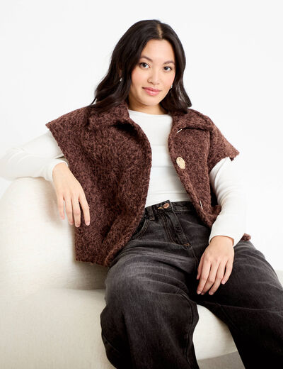 Veste sans manches bouclette col rond marron clair femme