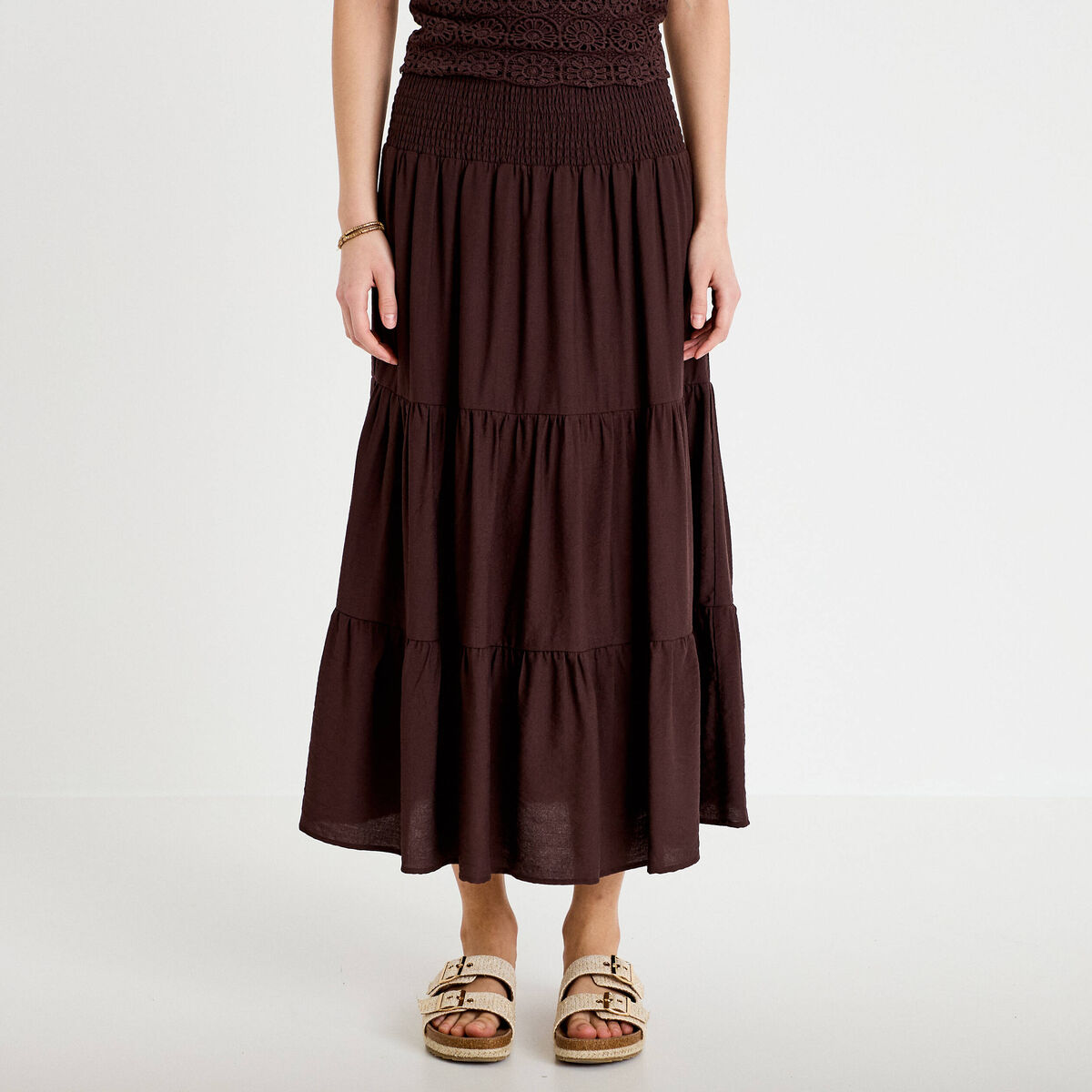 Jupon &eacute;vas&eacute; taille haute marron fonc&eacute; femme
