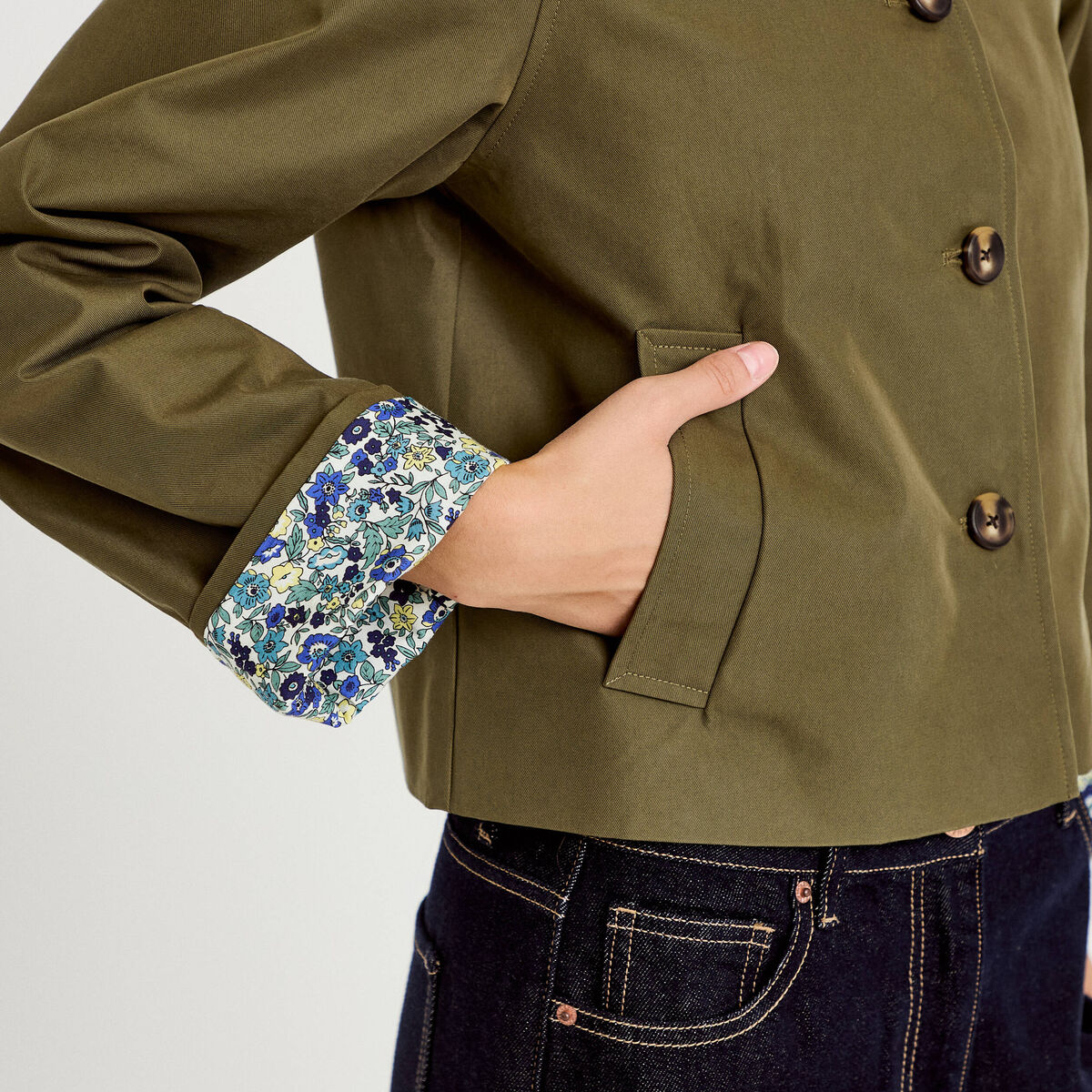Veste courte boutonn&eacute;e doublure vichy vert kaki femme
