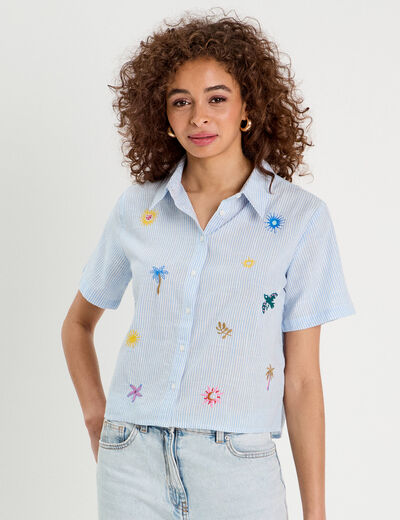 Chemise manches courtes brodée bleu femme
