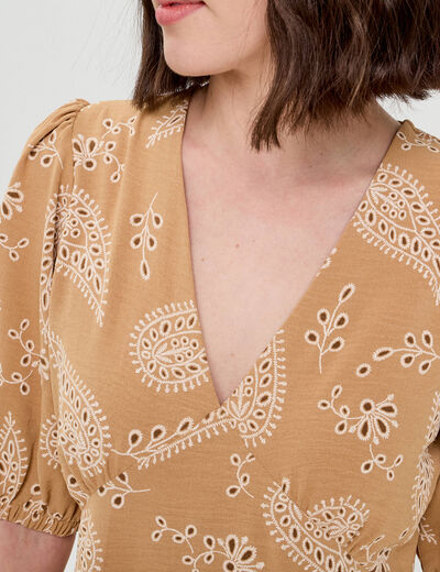 Robe évasée manches courtes camel femme