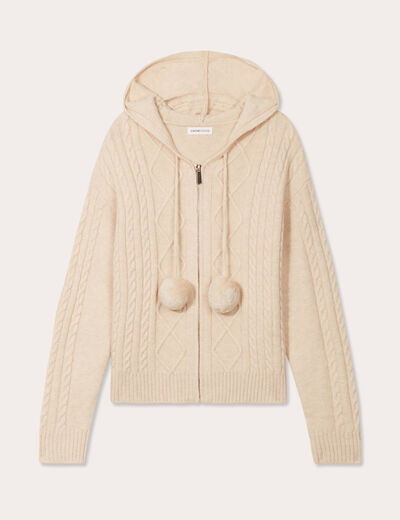 Gilet à capuche pompons beige femme
