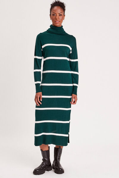 Robe pull longue col roulé vert foncé femme