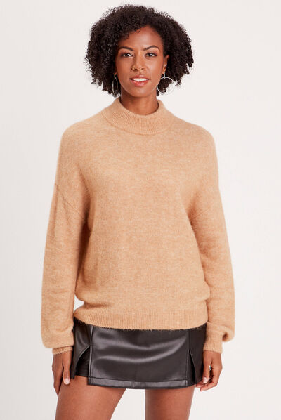 Pull col montant beige femme