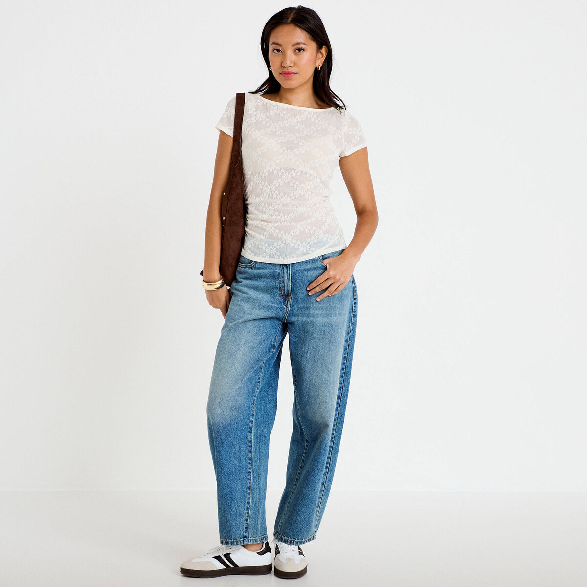 T-shirt ajust&eacute; dentelle col bateau ecru femme
