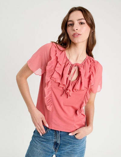 Blouse volants rose pastel femme