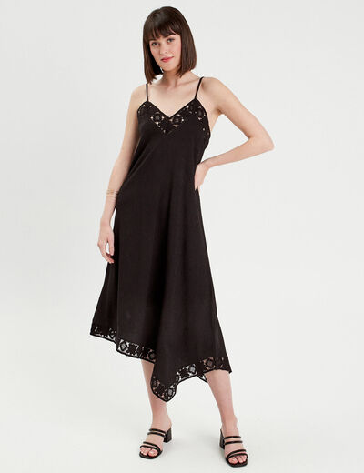 Robe longue évasée asymétrique noir femme