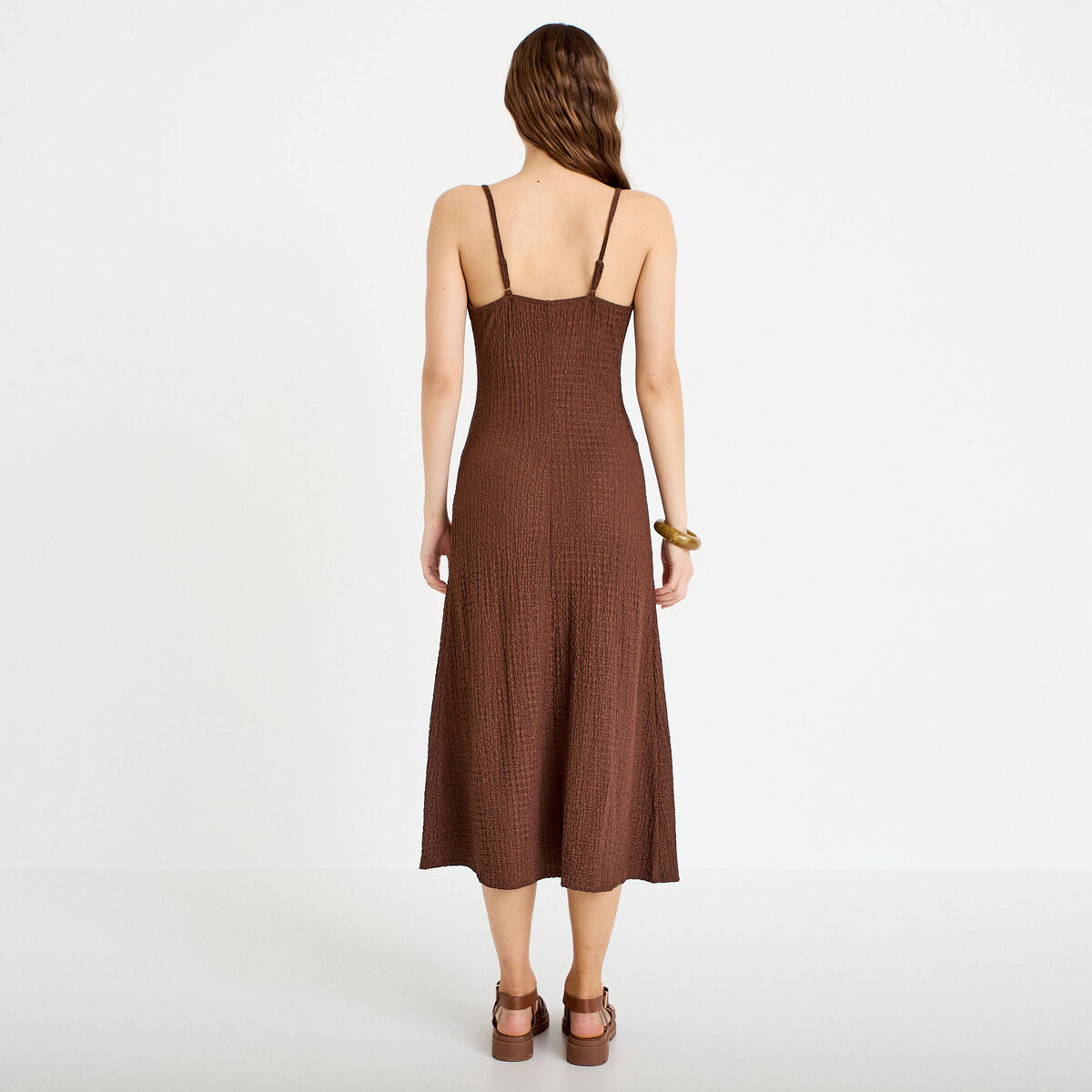 Robe longue droite en maille marron femme