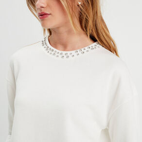 t shirt col details bijoux ecru femme T-shirt col détails bijoux ecru femme