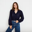 Blouse broderie col V manches longues bleu marine femme
