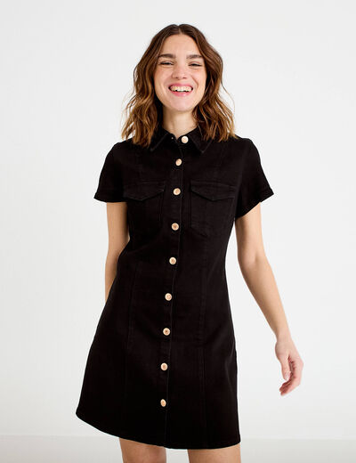 Robe courte trap&egrave;ze en jean col chemise noir femme