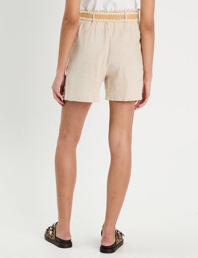 Short ample ceinturé contenant du lin beige femme