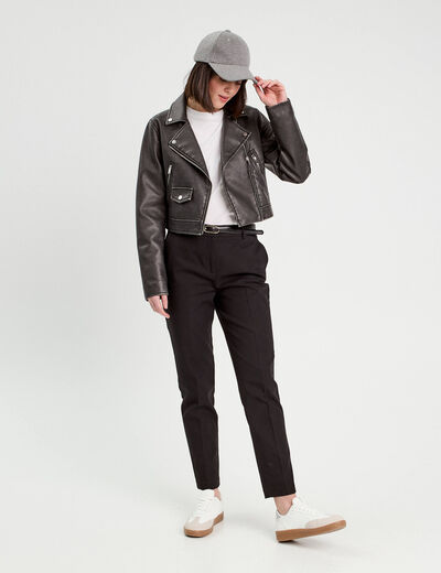 Pantalon cigarette ceinturé noir femme