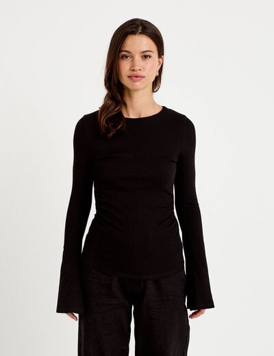 T-shirt ajust&eacute; col rond manches longues noir femme