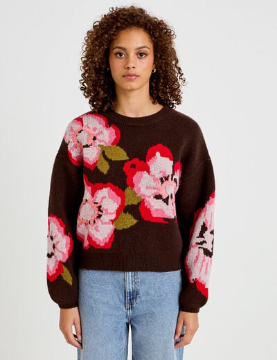 Pull ample col rond manches longues marron fonc&eacute; femme