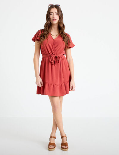 Robe courte &eacute;vas&eacute;e col v manches courtes vieux rose femme