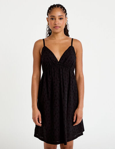 Robe courte &eacute;vas&eacute;e col v bretelles noir femme