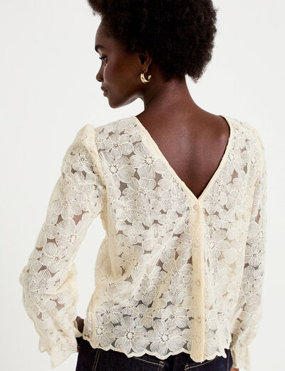 Blouse droite col v en dentelle ecru femme