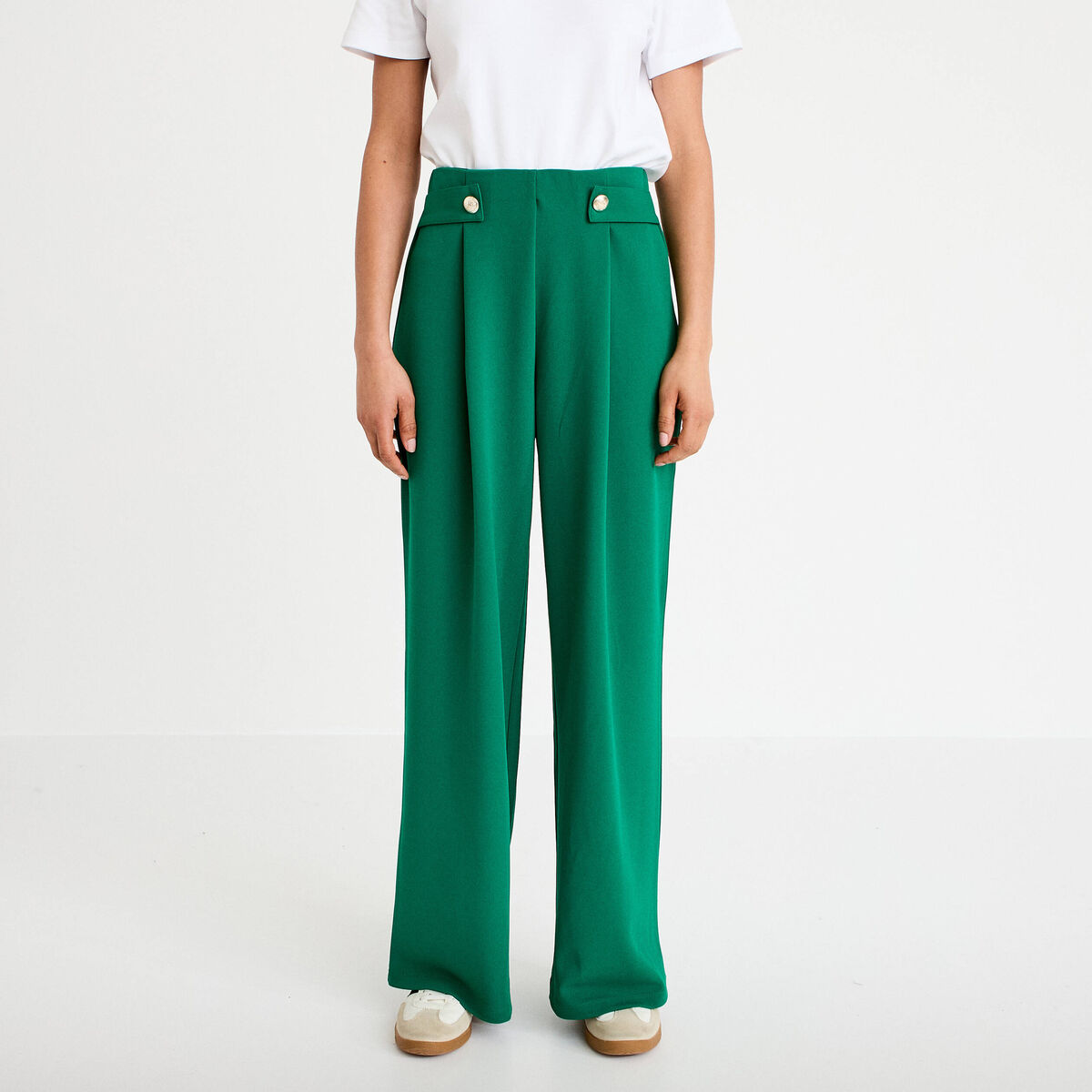 Pantalon large taille haute fluide vert femme