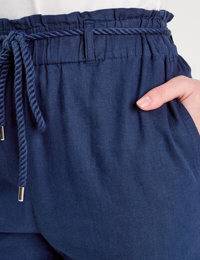 Pantalon droit fluide contenant du lin bleu foncé femme