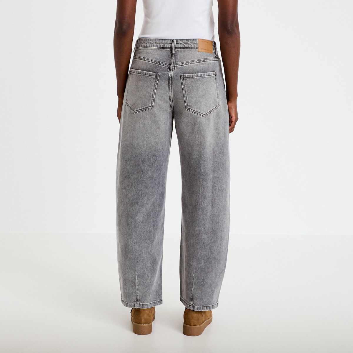 Jean barrel cropped taille standard denim gris femme