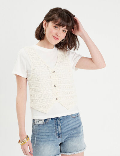 T-shirt 2-en-1 manches courtes ecru femme