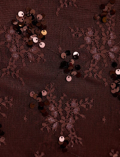 T-shirt ajust&eacute; col rond brod&eacute; perles marron fonc&eacute; femme