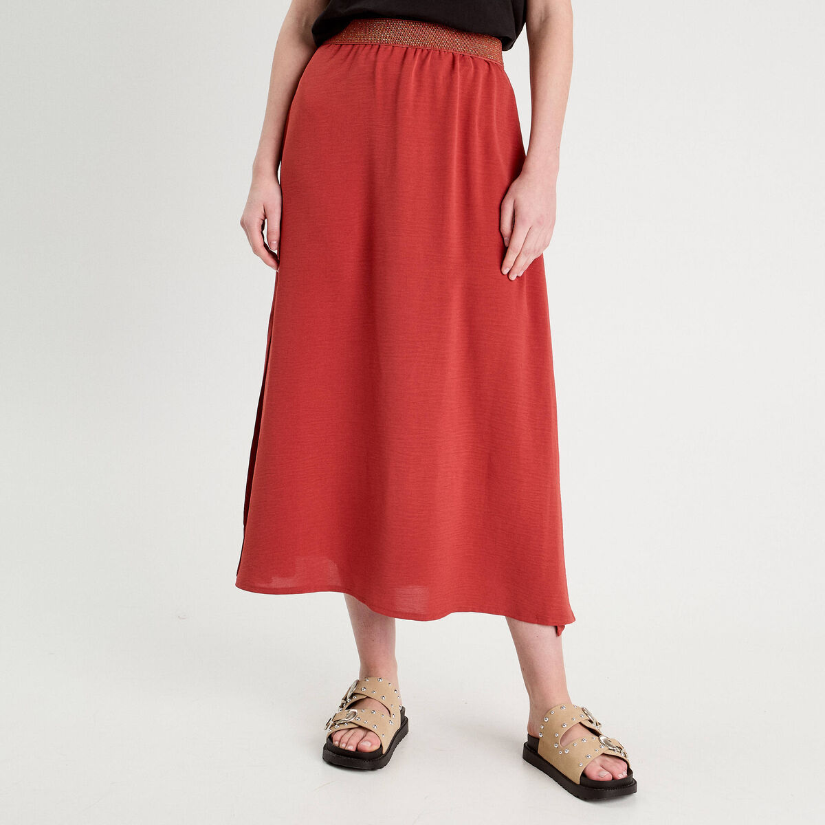 Jupe longue évasée fluide vieux rose femme