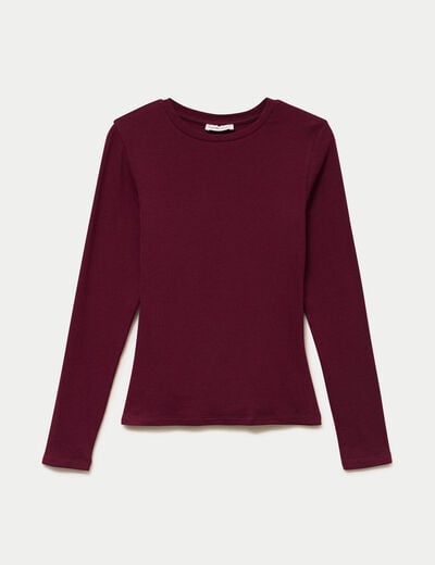 T-shirt cintr&eacute; col rond manches longues bordeaux femme