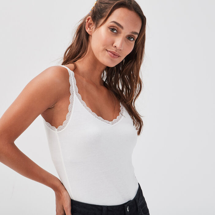 Débardeur liserés dentelle ecru femme