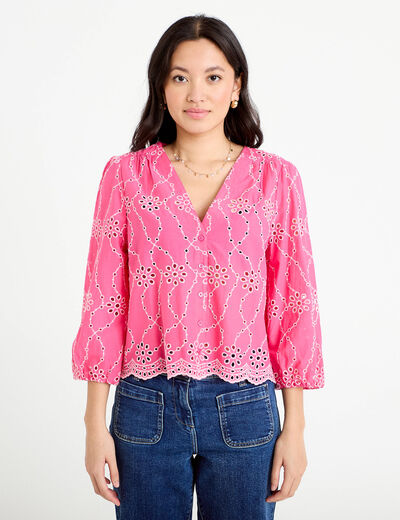 Blouse broderie anglaise rose fushia femme