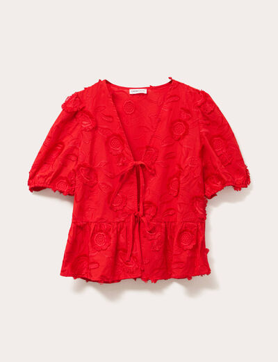 Blouse manches courtes noeuds rouge fluo femme