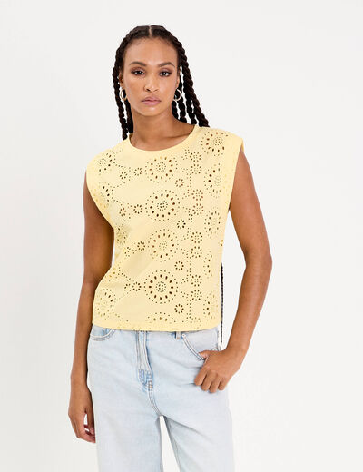 T-shirt sans manches brodé jaune clair femme