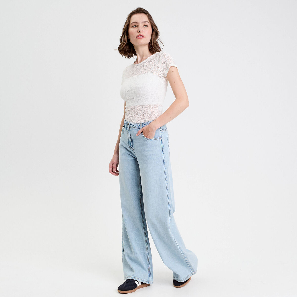 Body ajusté manches courtes dentelle ecru femme