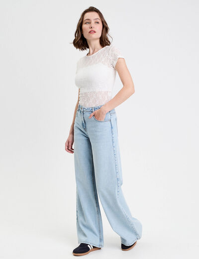 Body ajusté manches courtes dentelle ecru femme