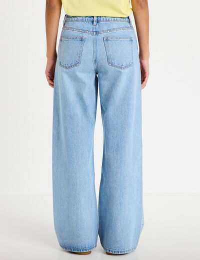 Jean wide leg d&eacute;tails clout&eacute;s denim bleach femme