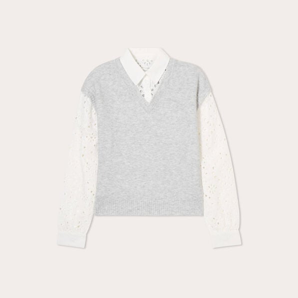 pull 2 en 1 avec broderie gris clair femme Pull 2-en-1 avec broderie gris clair femme
