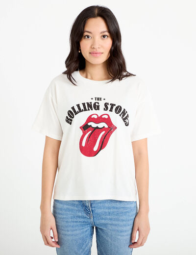 T-shirt oversize col rond rolling stones ecru femme