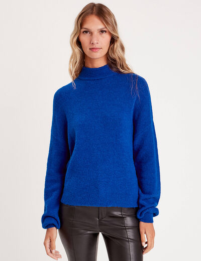 Pull col montant bleu electrique femme