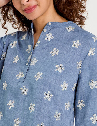 Blouse manches 3/4 brodée bleu femme