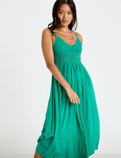 Robe longue bi-mati&egrave;re col v vert femme