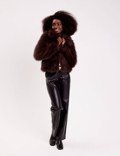 Veste courte en fausse fourrure marron fonc&eacute; femme
