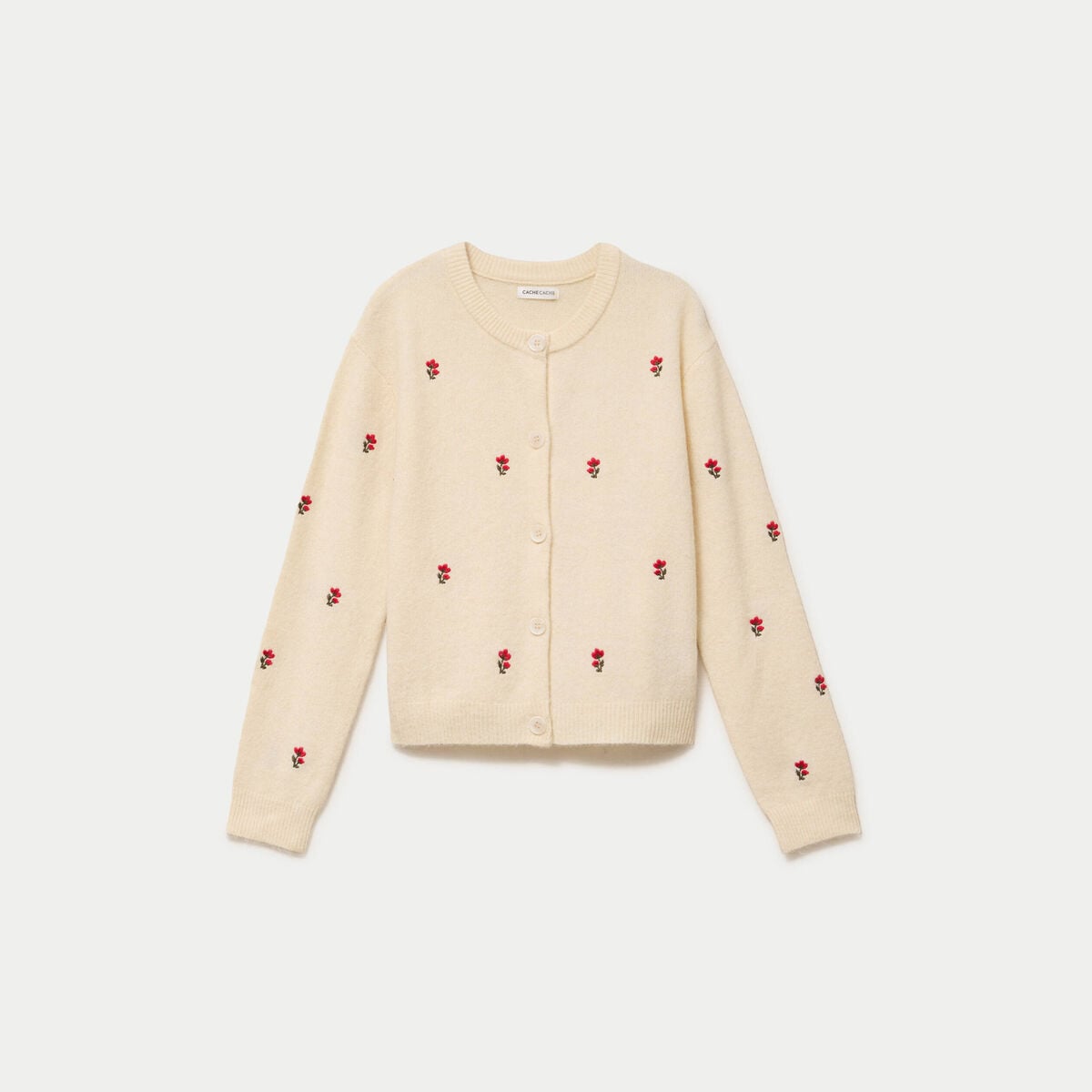 Gilet manches longues broderies col rond beige femme