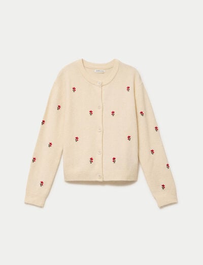Gilet manches longues broderies col rond beige femme
