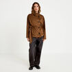 Caban droit col montant aspect daim marron femme