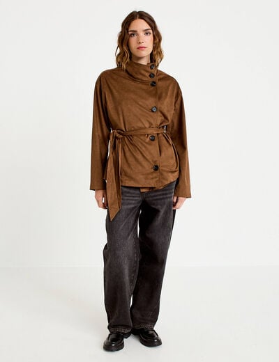 Caban droit col montant aspect daim marron femme
